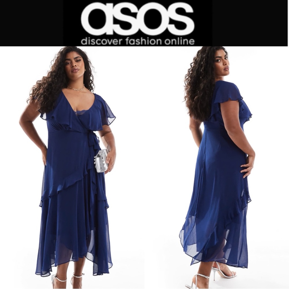 ASOS EVER NEW CURVE NAVY CHIFFON RUFFLE MIDAXI FAUX WRAP DRESS SIZE 12 **NWT**